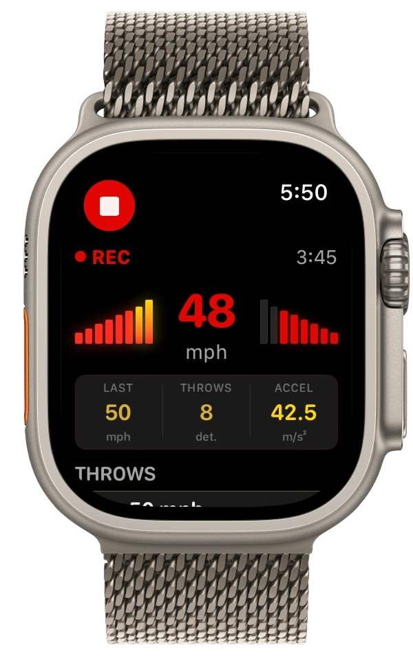 Apple Watch showing Arm Speed Analyzer app recording a throwing session