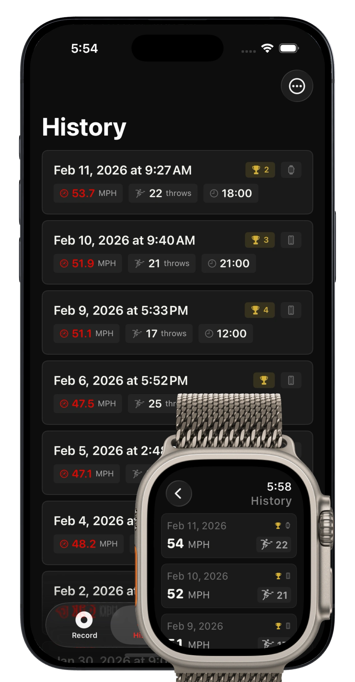 iPhone and Apple Watch showing Arm Speed Analyzer session history