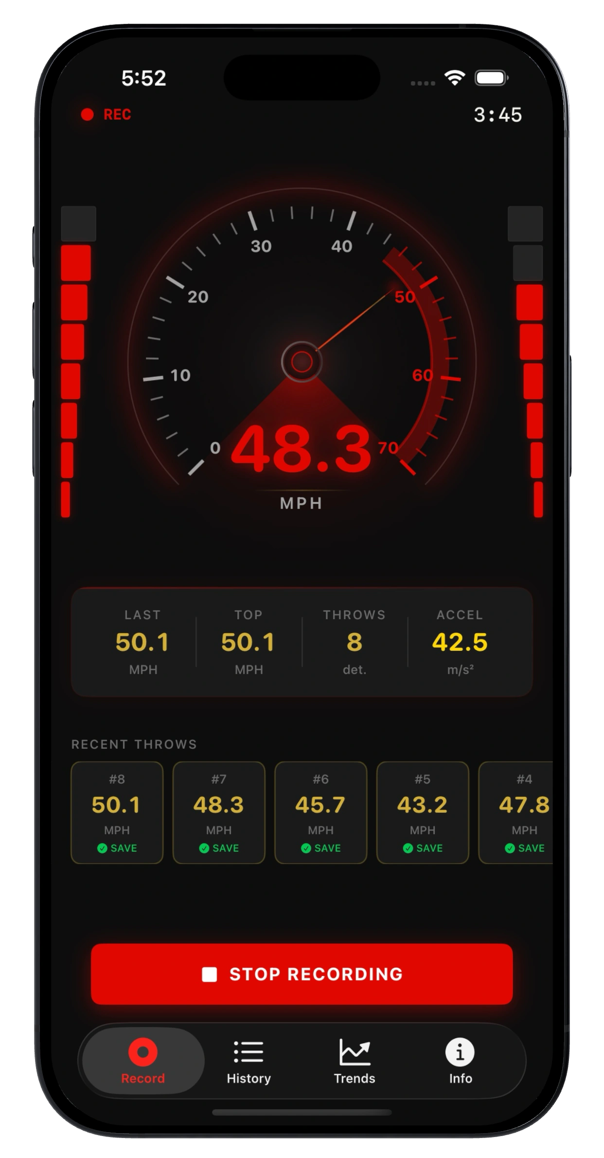 iPhone showing Arm Speed Analyzer active recording session at 48.3 mph